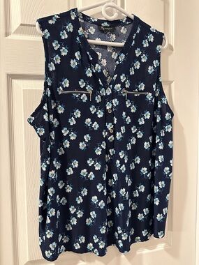 Lily Morgan Navy Floral Button-Front Sleeveless Top Sz 2X